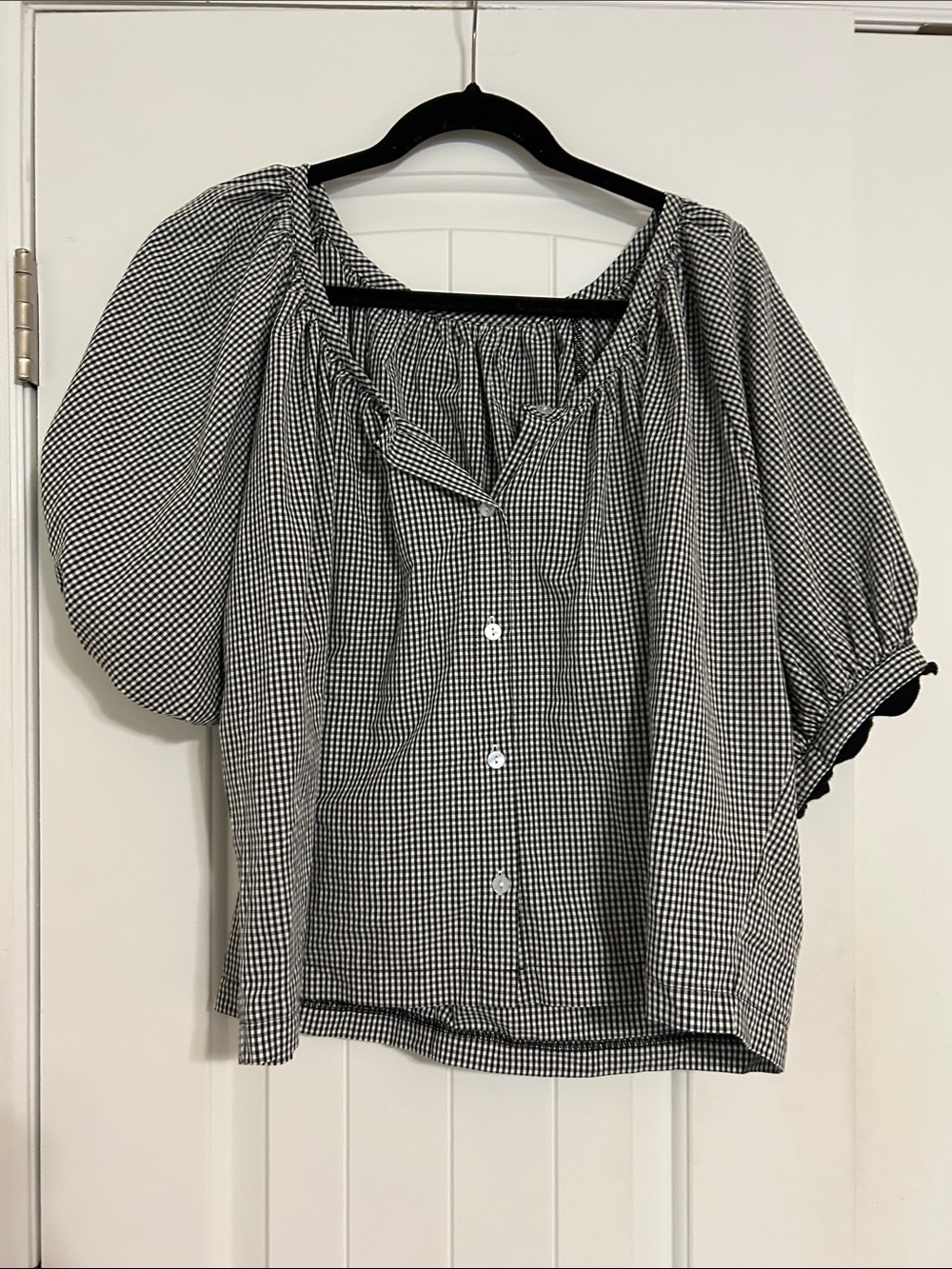 Amazon Black & White Gingham Puff-Sleeve Button Front Blouse and Short Set